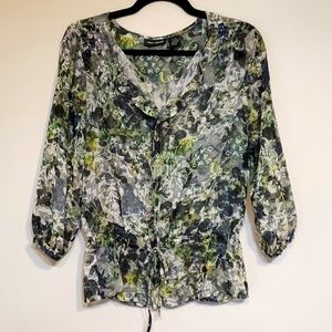 DKNY Jeans Petites Green Print Sheer Blouse with Tie at Waist, S